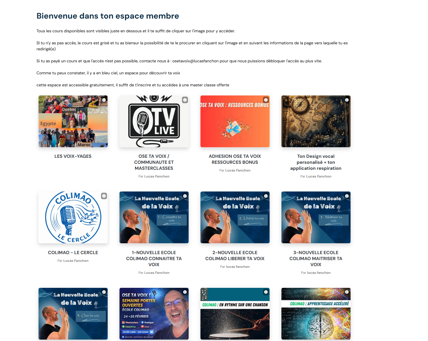 L'accueil de l'espace membre : les espaces sont présentés en vignettes cliquables.