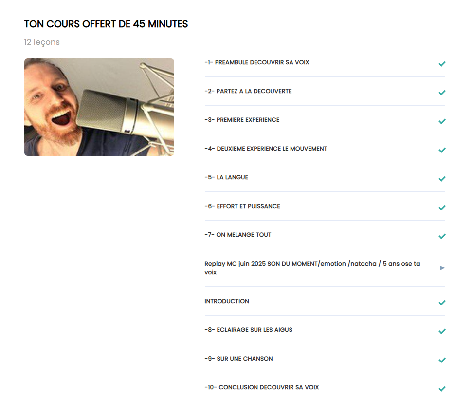 Le cours offert de 45 minutes et ses douze leçons.