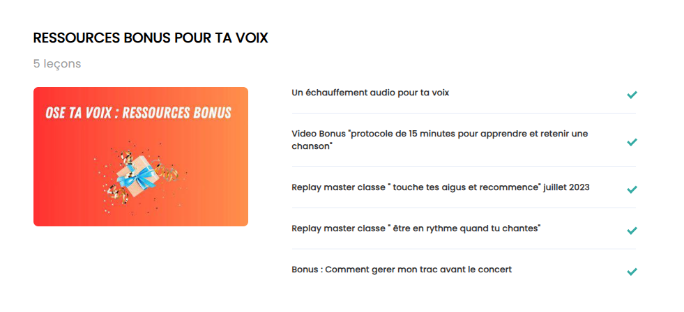 L'espace « Ressources bonus pour ta voix » et ses cinq leçons.
